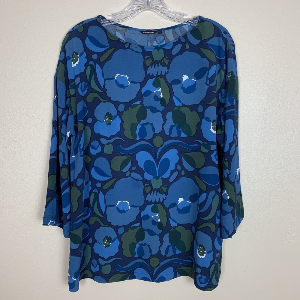 Marimekko Floral Blouse Top Size 38 S Blue Artsy Boho Lagenlook Viscose Work